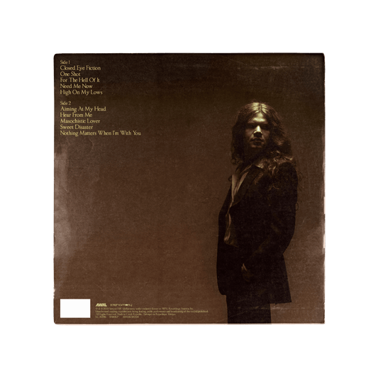 Heartbreak Hysteria Deluxe Green Vinyl cover back with Sawyer Hill on the right side and text on the left featuring the tracks on a brown background.